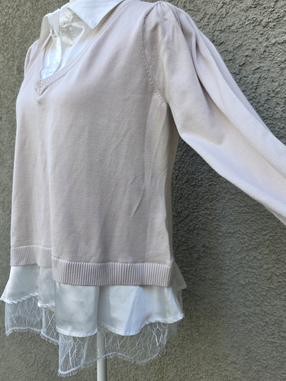 Belldini Blush Layered V-Neck Pullover with Satin & Lace Hem - Picture 4 of 7
